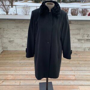 Jones New York Trench Car Coat Overcoat 6 Black Removable Faux Fur Collar Liner